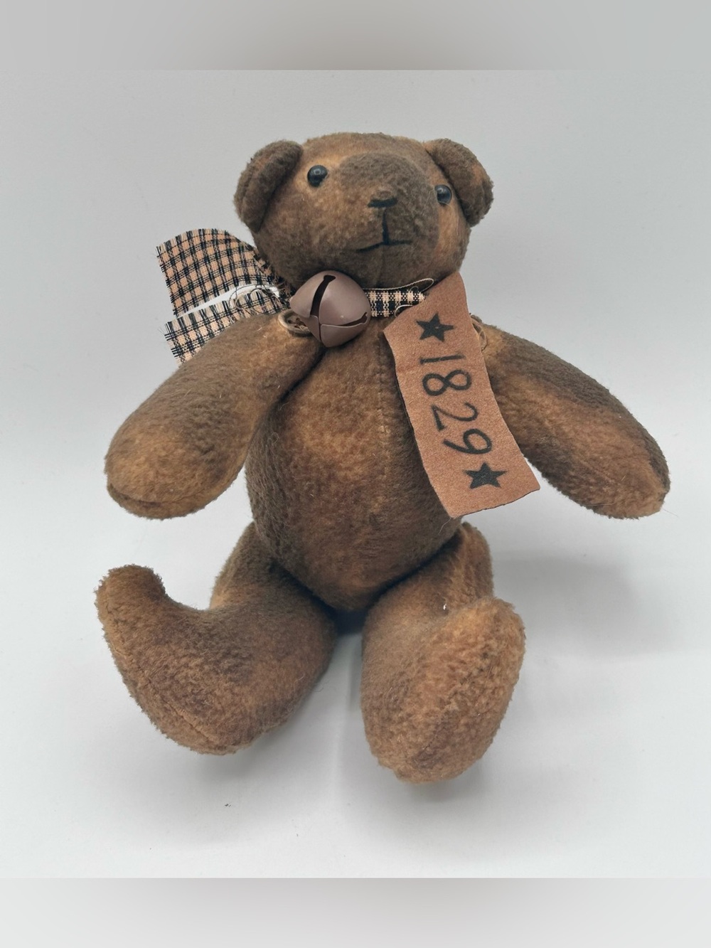 Primitive Stuffed Bear Bell Collar Modern Small 6" Sitting